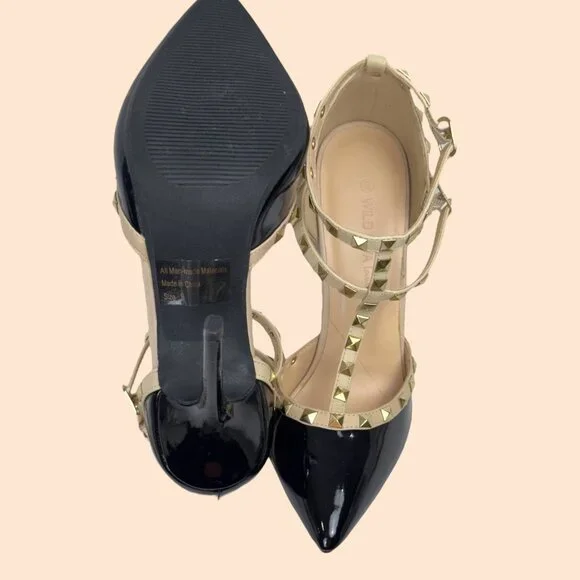 Wild Diva Lounge 64 Sexy Stud Patent Leather Stiletto Black Beige Heels Size 9 - Picture 4 of 16